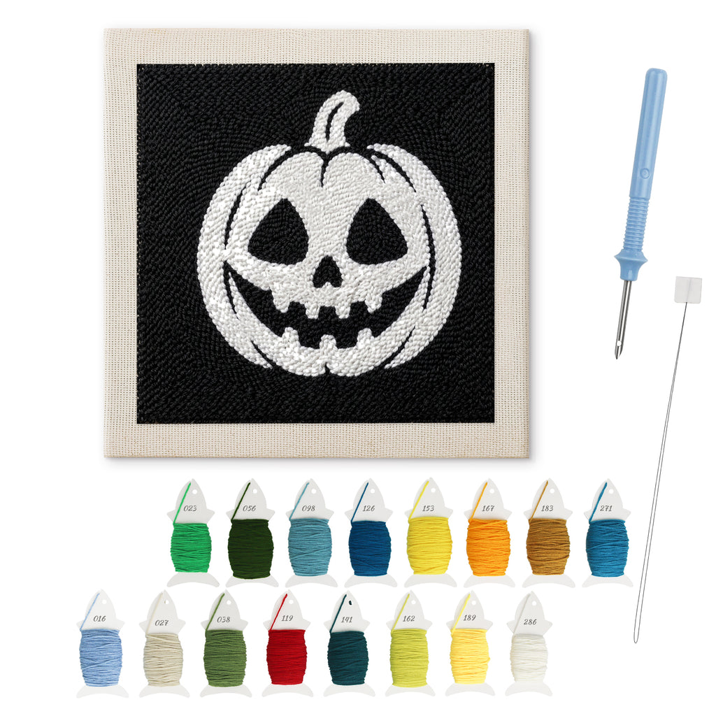 White Pumpkin Grin punch needle kit: finished canvas with threads, punch needle and threader