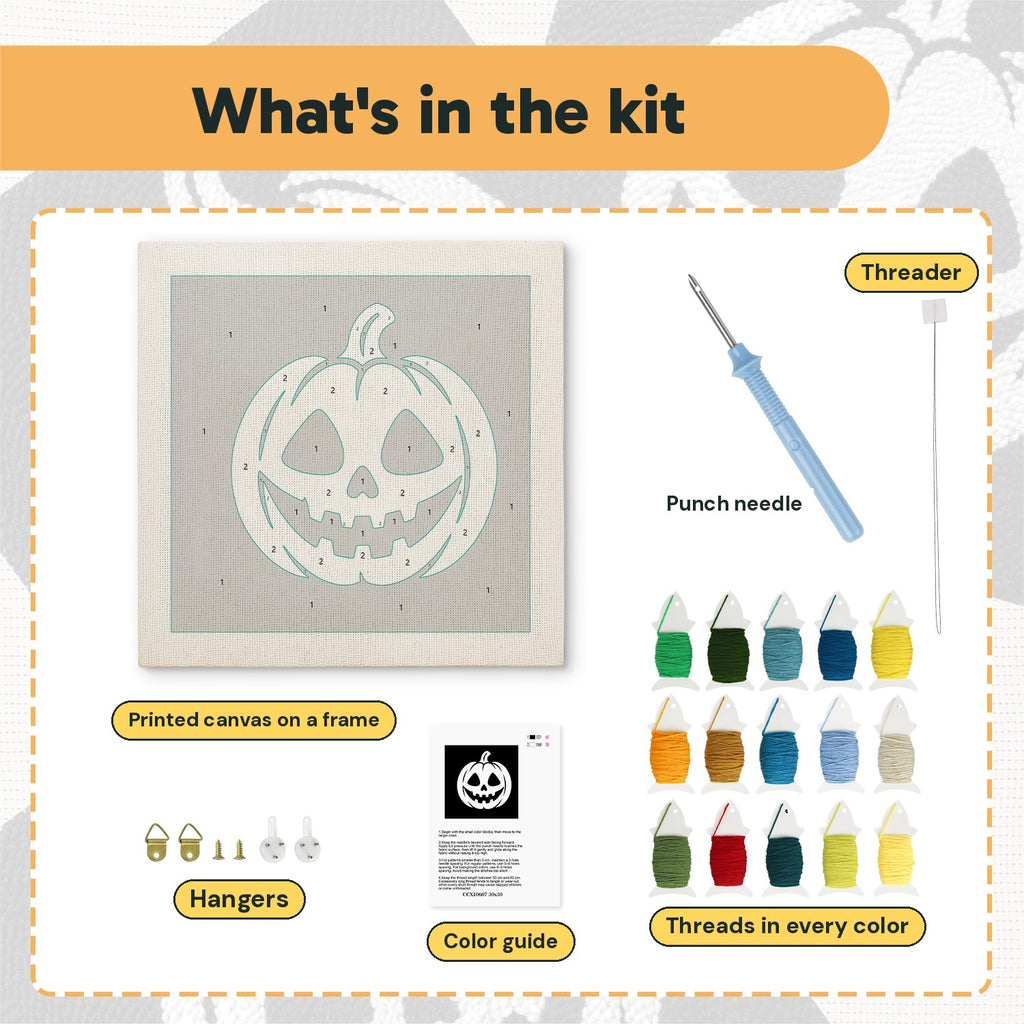 What is in the White Pumpkin Grin kit: printed canvas, punch needle, threader, threads, color guide and hangers