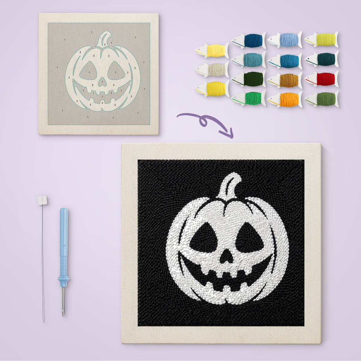 White Pumpkin Grin canvas before and after punching, with the threads and tools