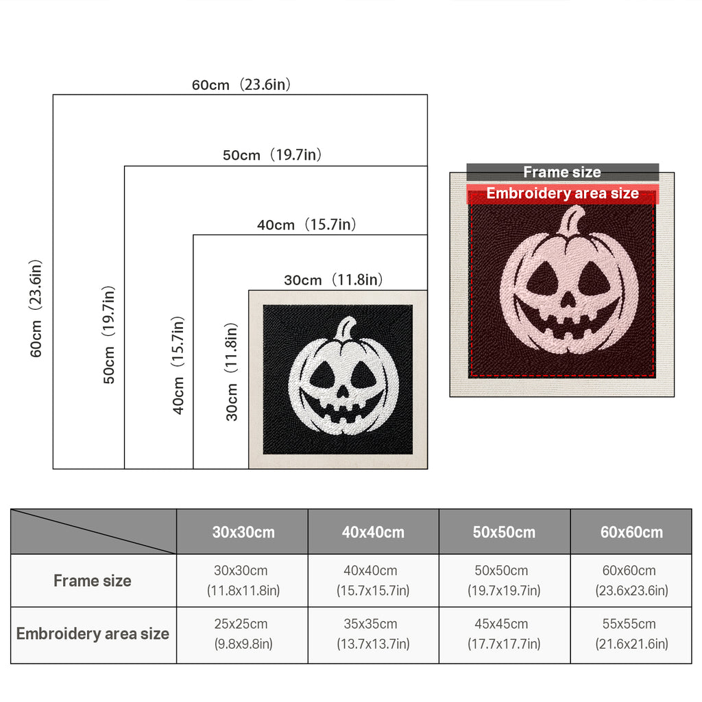Size chart for square punch needle kits from 30 x 30 cm to 60 x 60 cm