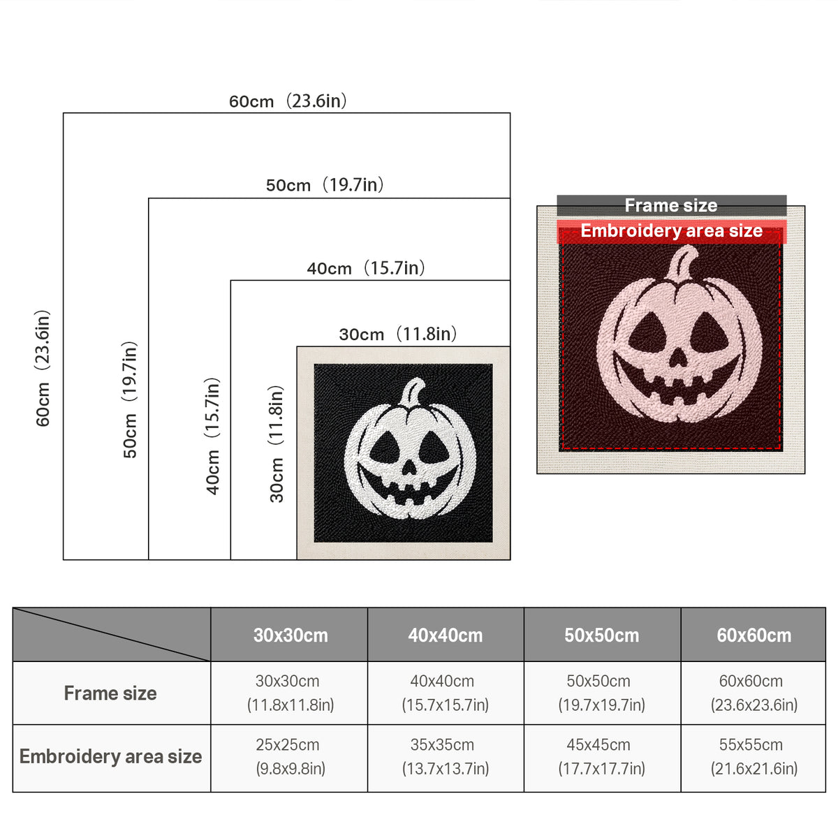Size chart for square punch needle kits from 30 x 30 cm to 60 x 60 cm