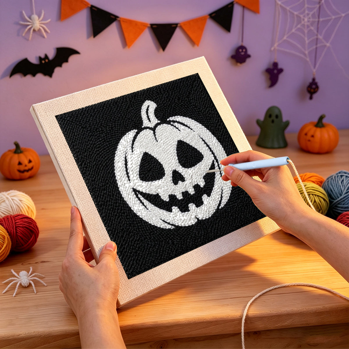 Punching the White Pumpkin Grin design with the punch needle