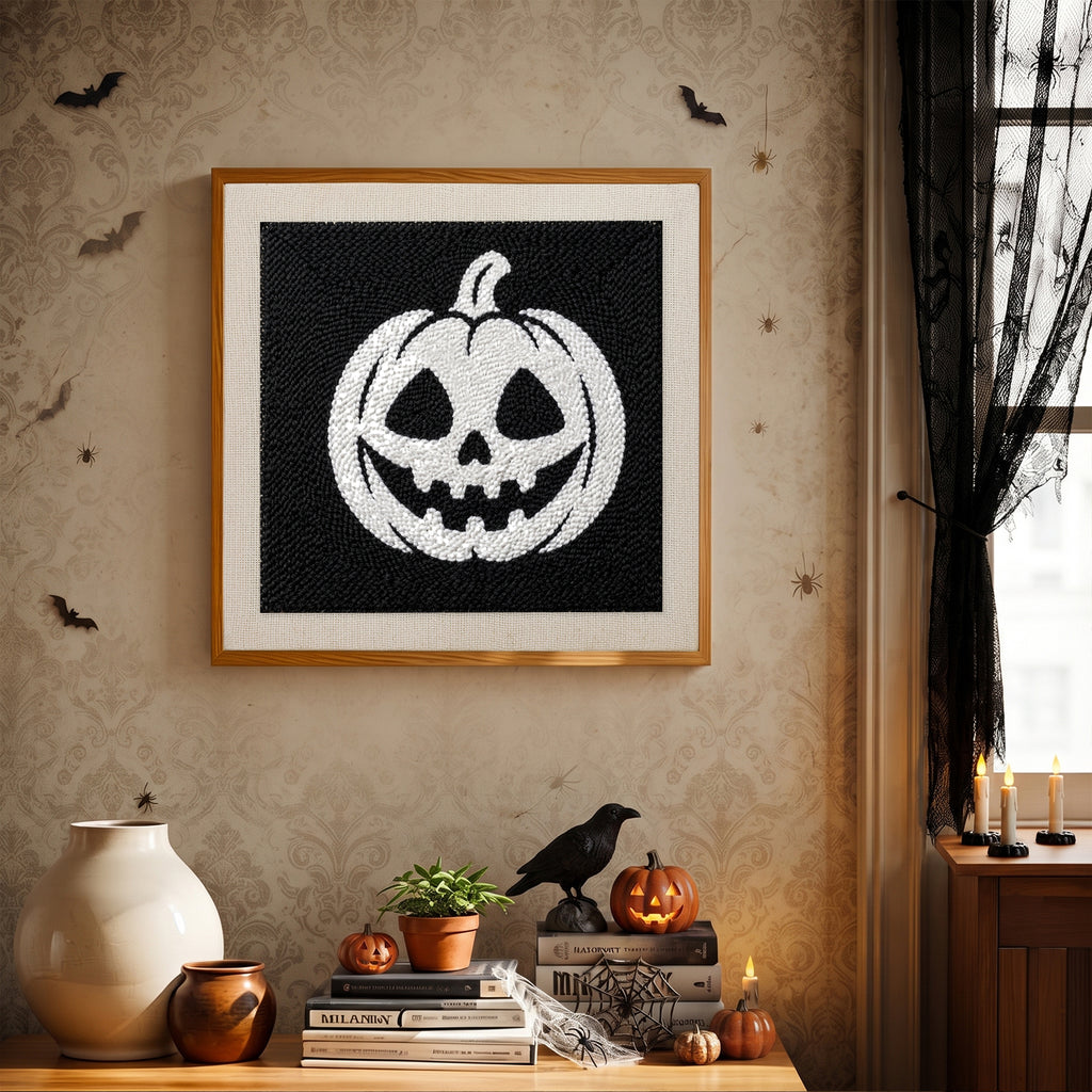 Finished White Pumpkin Grin punch needle canvas on a wall