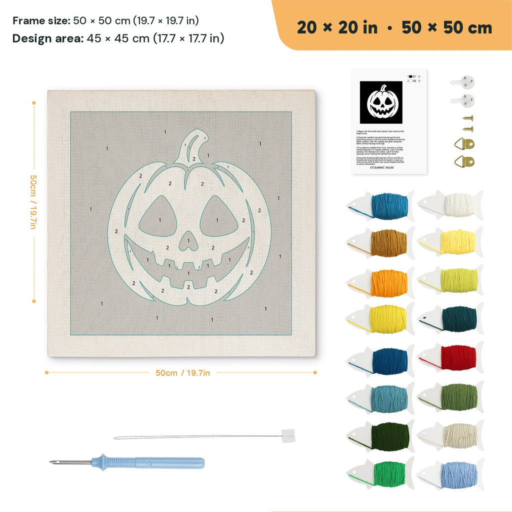 White Pumpkin Grin punch needle kit, 20 × 20 in (50 × 50 cm): canvas size and kit contents