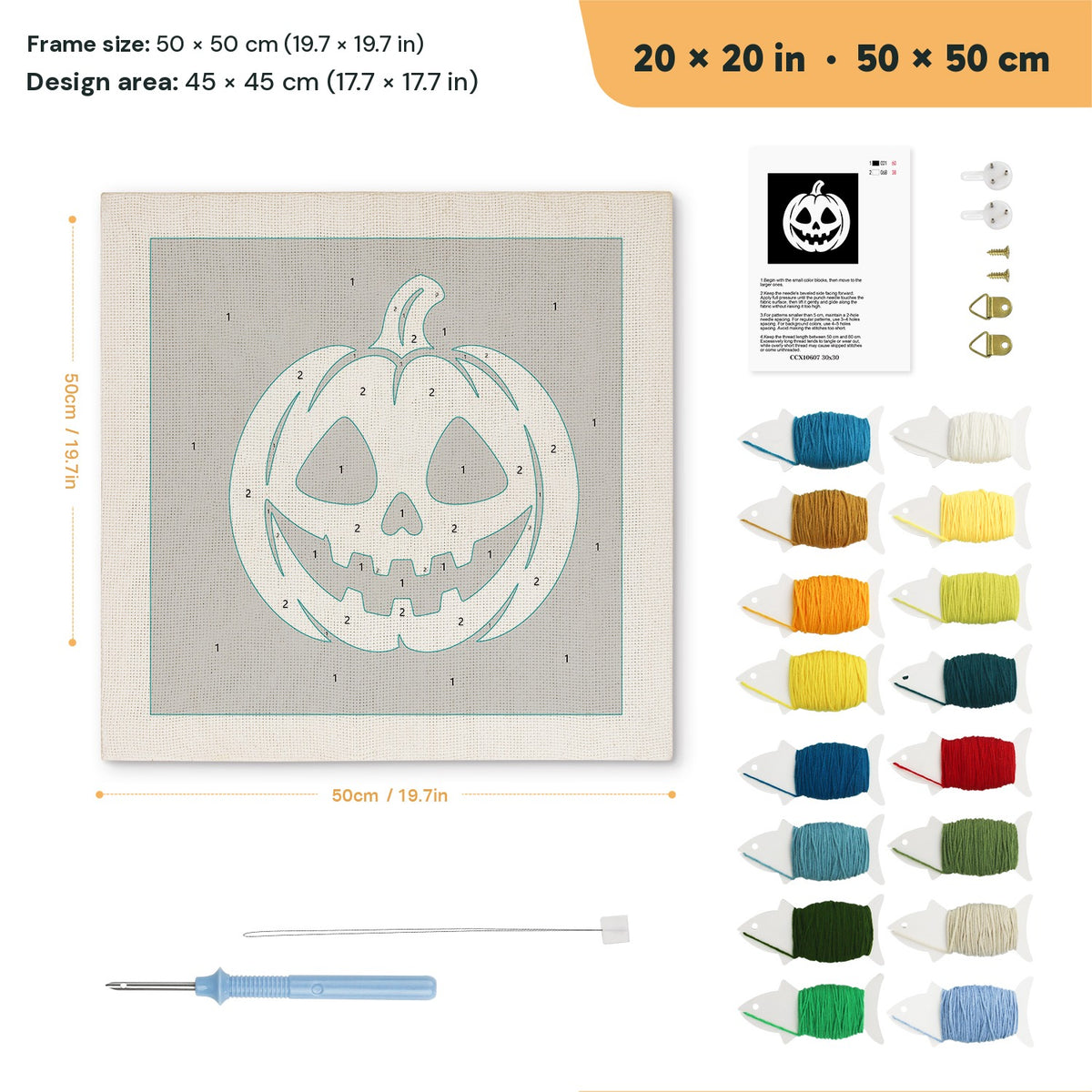 White Pumpkin Grin punch needle kit, 20 × 20 in (50 × 50 cm): canvas size and kit contents