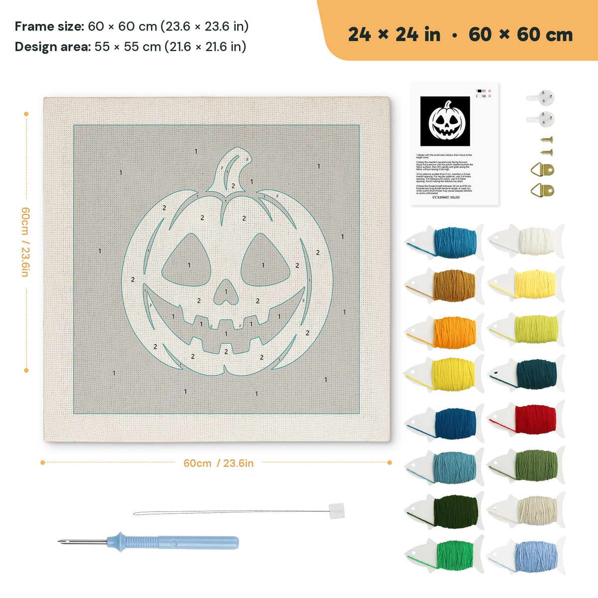 White Pumpkin Grin punch needle kit, 24 × 24 in (60 × 60 cm): canvas size and kit contents