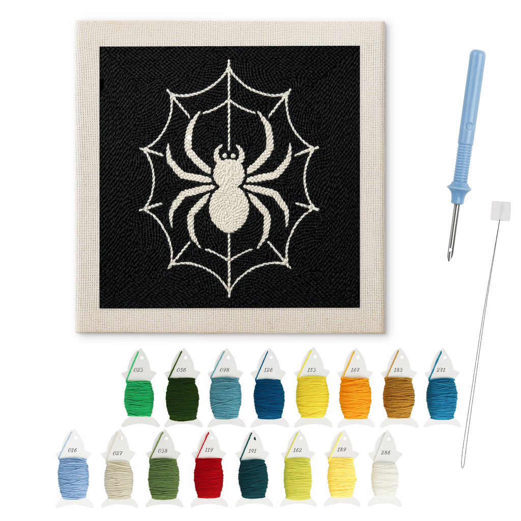 White Spider Web punch needle kit: finished canvas with threads, punch needle and threader