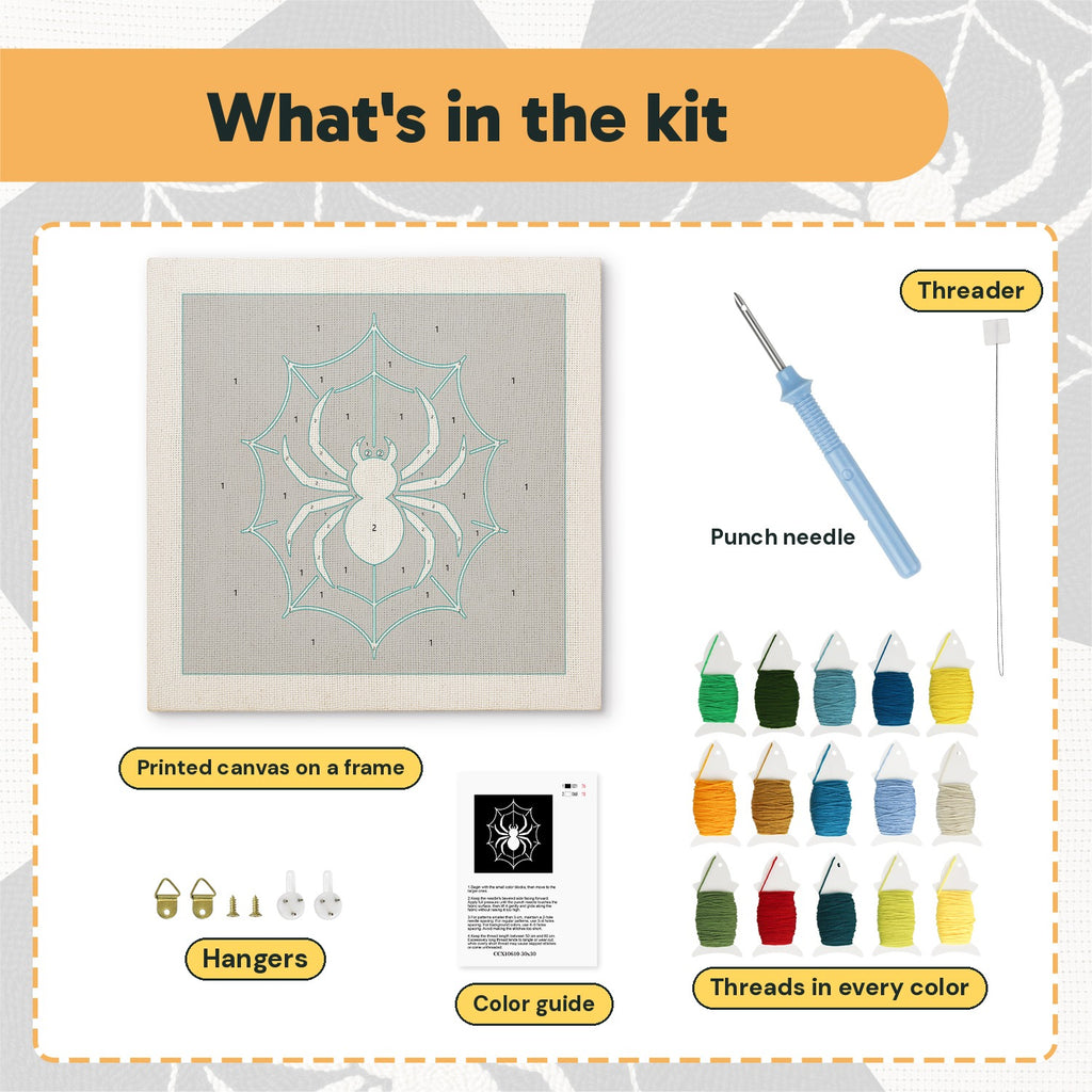 What is in the White Spider Web kit: printed canvas, punch needle, threader, threads, color guide and hangers