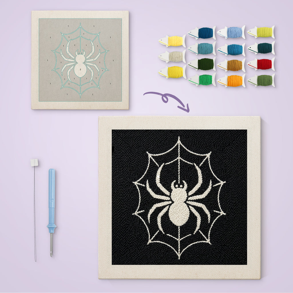 White Spider Web canvas before and after punching, with the threads and tools