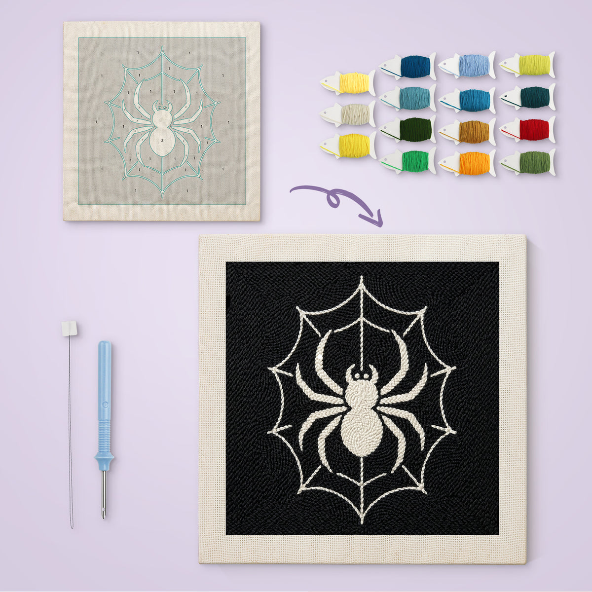 White Spider Web canvas before and after punching, with the threads and tools