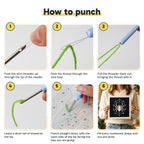 Six steps showing how to thread and use the punch needle