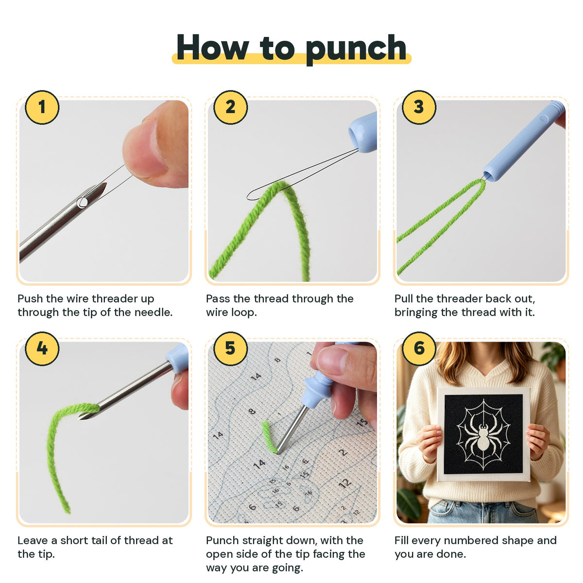 Six steps showing how to thread and use the punch needle