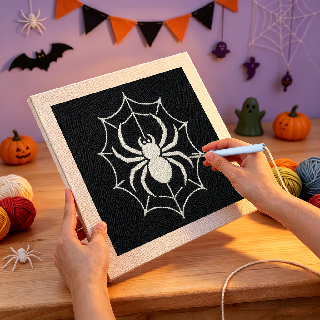 Punching the White Spider Web design with the punch needle
