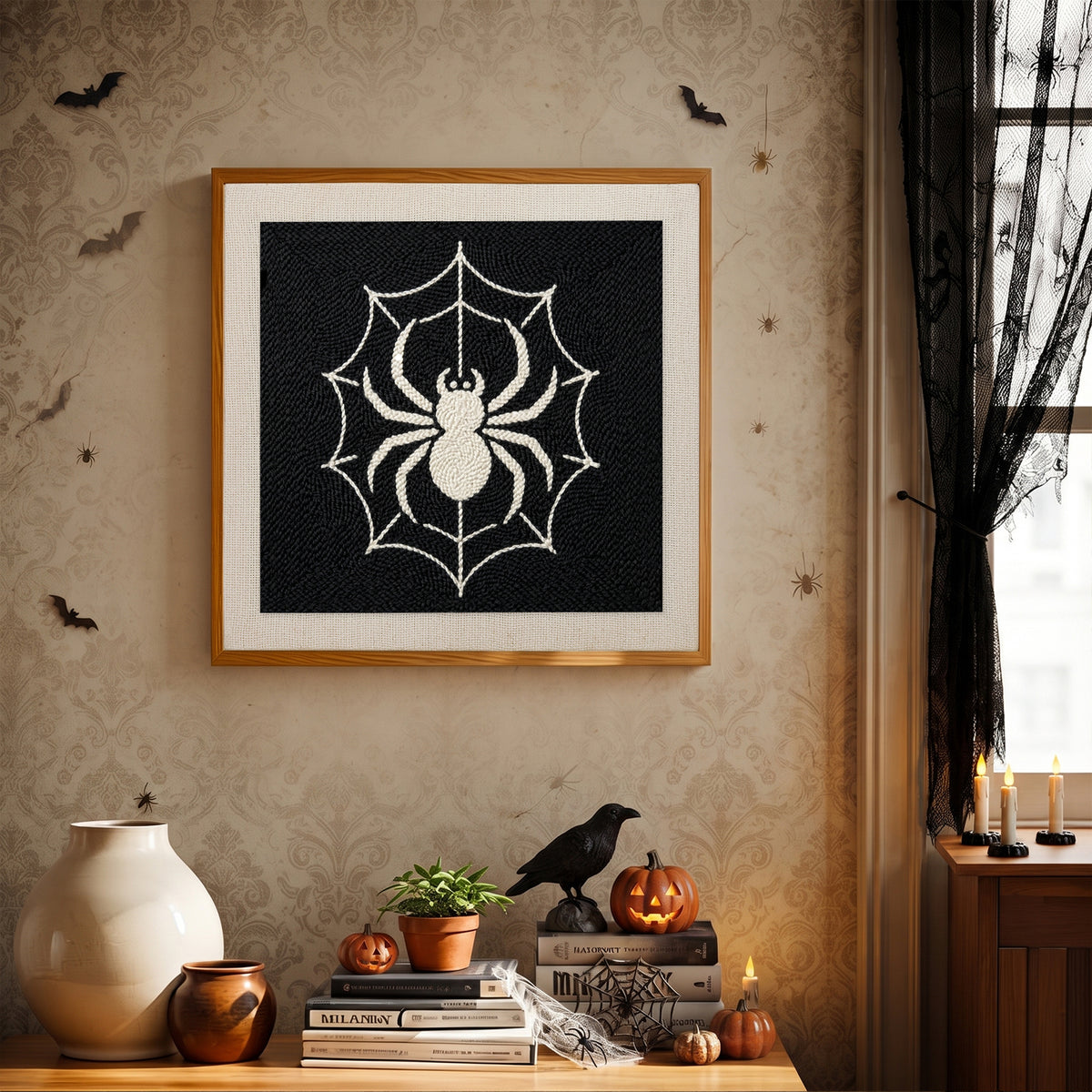 Finished White Spider Web punch needle canvas on a wall