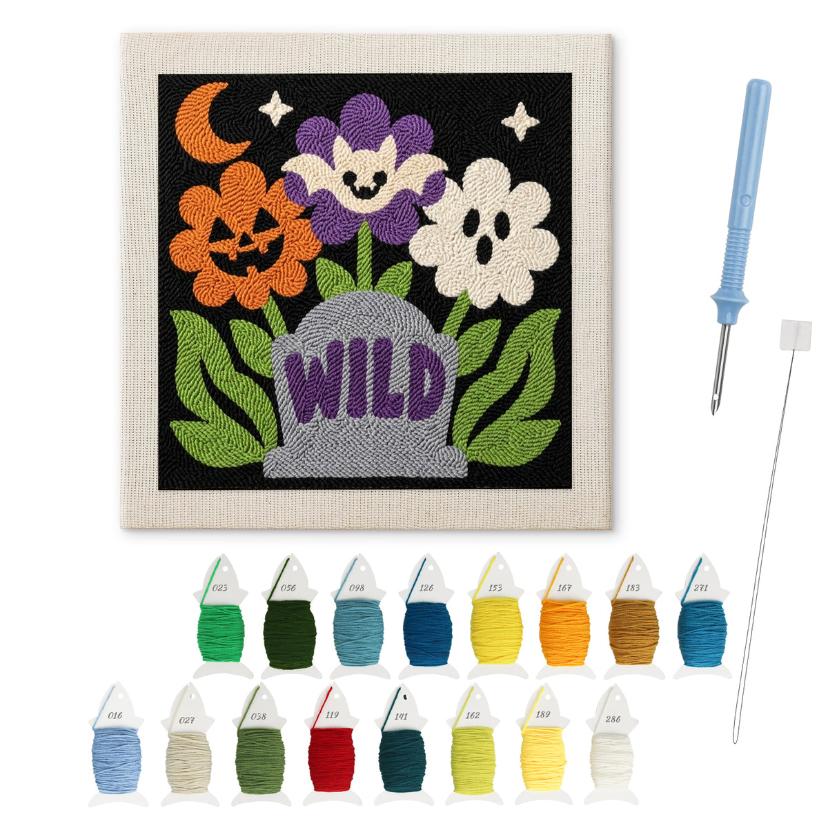 Wild Grave Flowers punch needle kit: finished canvas with threads, punch needle and threader