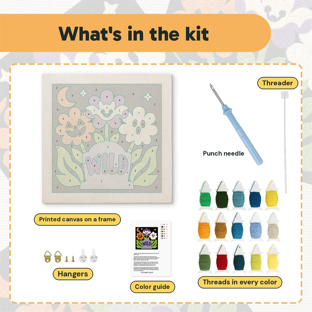 What is in the Wild Grave Flowers kit: printed canvas, punch needle, threader, threads, color guide and hangers