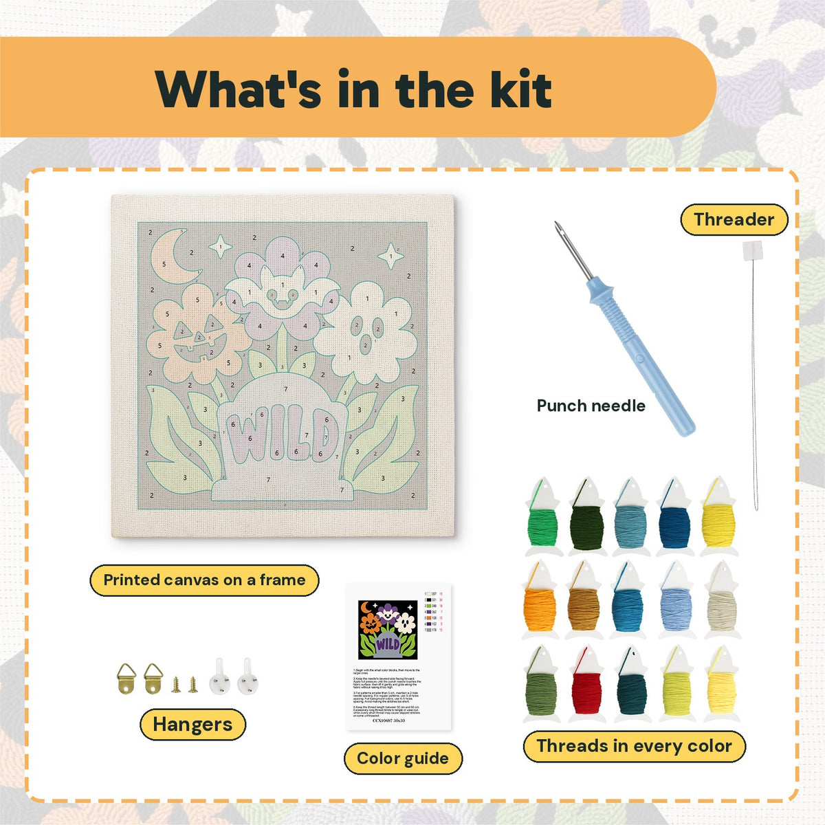 What is in the Wild Grave Flowers kit: printed canvas, punch needle, threader, threads, color guide and hangers