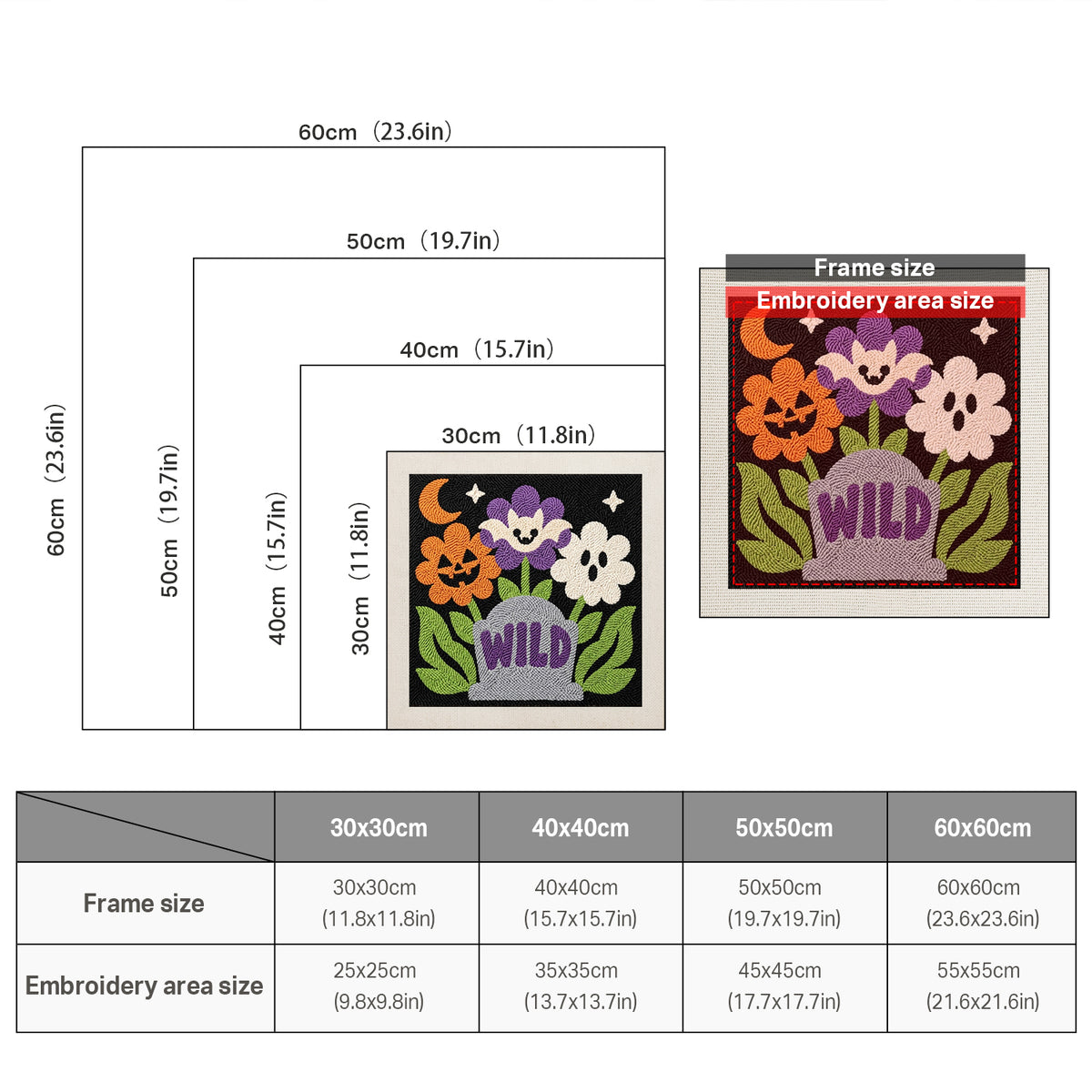 Size chart for square punch needle kits from 30 x 30 cm to 60 x 60 cm