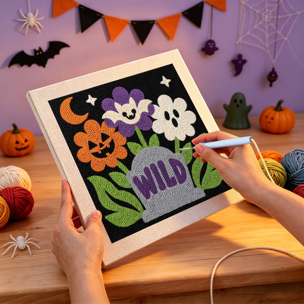 Punching the Wild Grave Flowers design with the punch needle