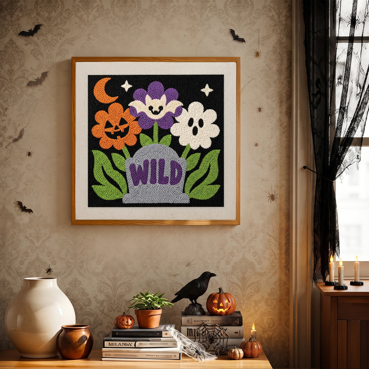Finished Wild Grave Flowers punch needle canvas on a wall