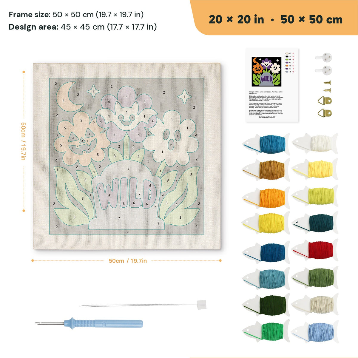 Wild Grave Flowers punch needle kit, 20 × 20 in (50 × 50 cm): canvas size and kit contents