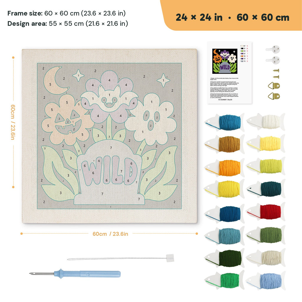Wild Grave Flowers punch needle kit, 24 × 24 in (60 × 60 cm): canvas size and kit contents