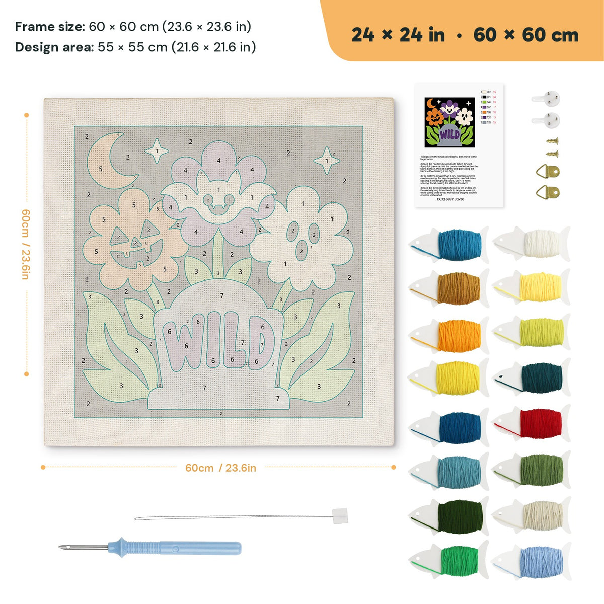 Wild Grave Flowers punch needle kit, 24 × 24 in (60 × 60 cm): canvas size and kit contents