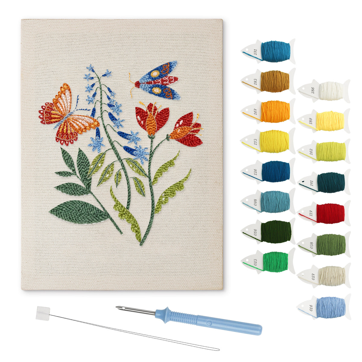 Wildflower Butterflies punch needle kit: finished canvas with threads, punch needle and threader
