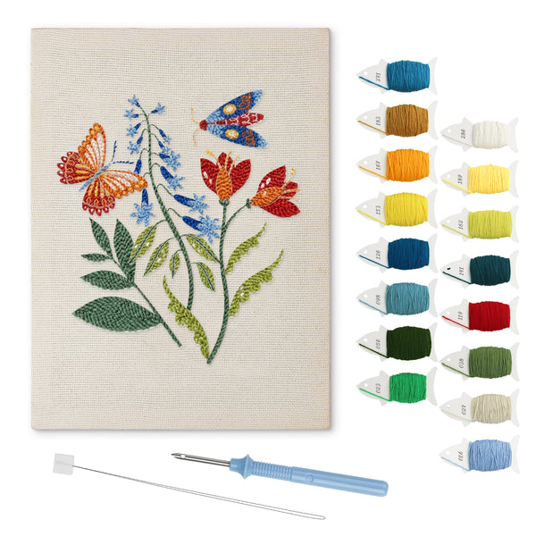 Wildflower Butterflies punch needle kit: finished canvas with threads, punch needle and threader