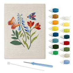 Wildflower Butterflies punch needle kit: finished canvas with threads, punch needle and threader