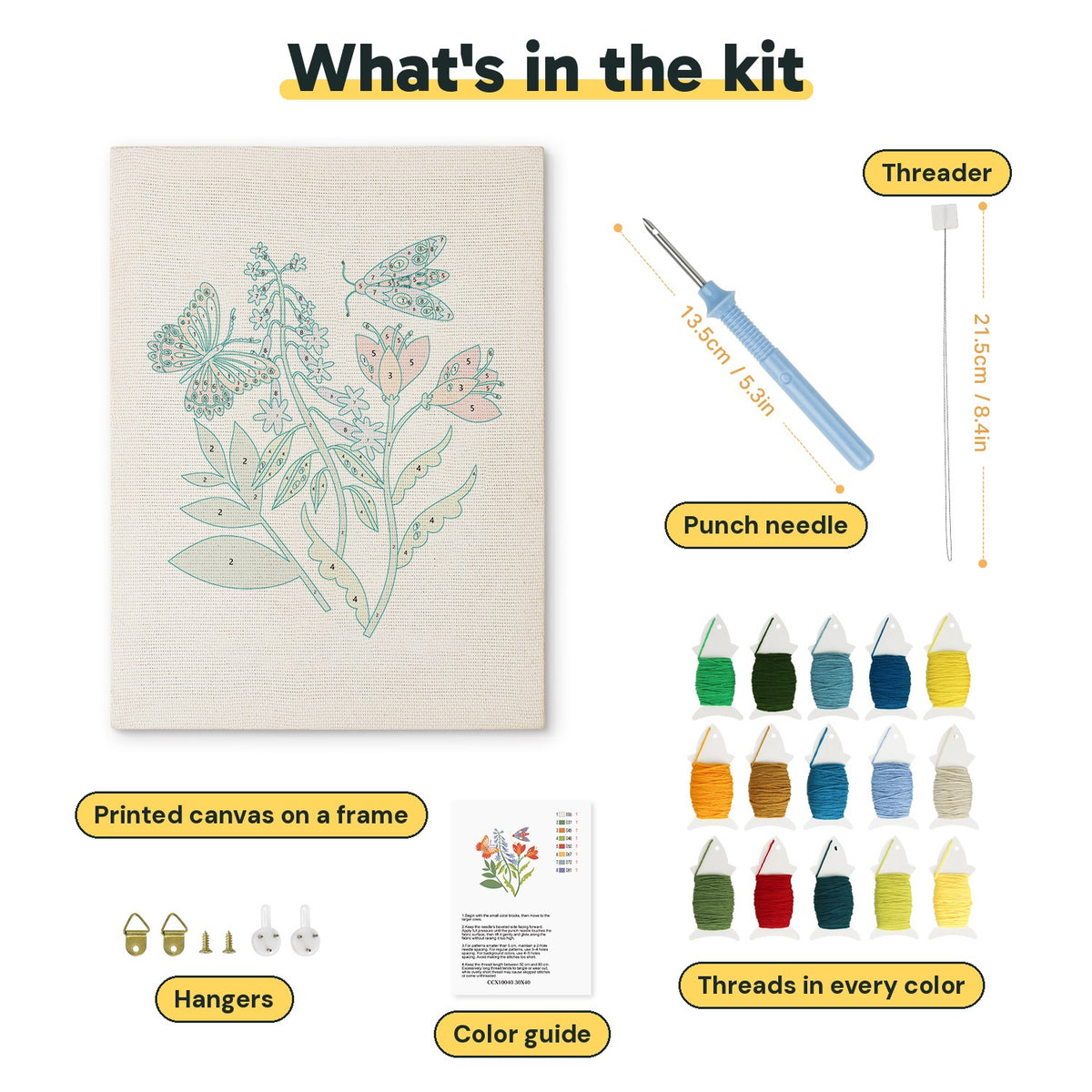 What is in the Wildflower Butterflies kit: printed canvas, punch needle, threader, threads, color guide and hangers