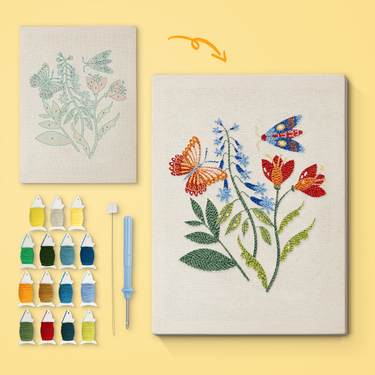 Wildflower Butterflies canvas before and after punching, with the threads and tools