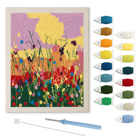 Wildflower Meadow punch needle kit: finished canvas with threads, punch needle and threader