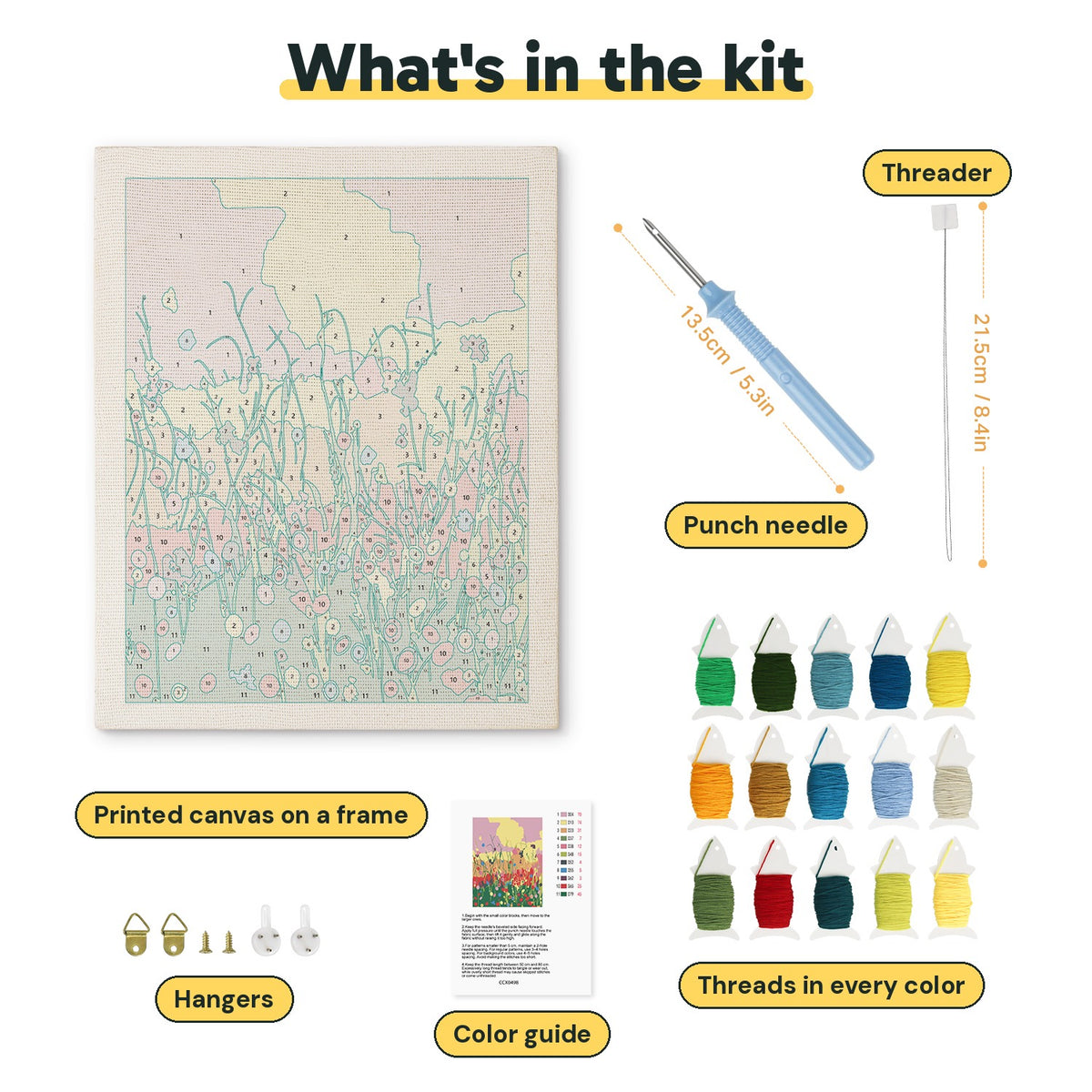 What is in the Wildflower Meadow kit: printed canvas, punch needle, threader, threads, color guide and hangers