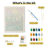 What is in the Wildflower Meadow kit: printed canvas, punch needle, threader, threads, color guide and hangers