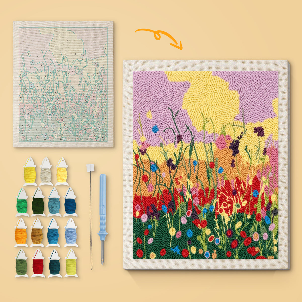 Wildflower Meadow canvas before and after punching, with the threads and tools