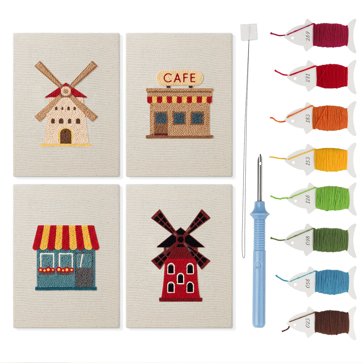 Windmill Village mini punch needle kit set: four finished canvases with threads, punch needle and threader