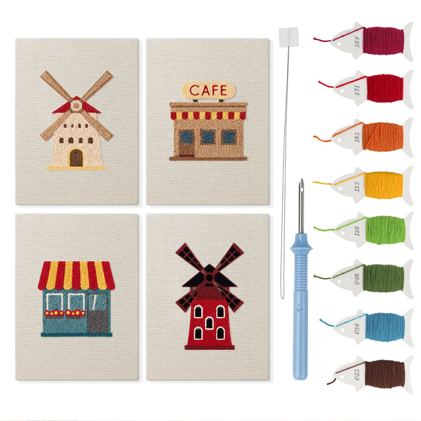 Windmill Village mini punch needle kit set: four finished canvases with threads, punch needle and threader