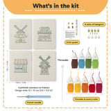 What is in the Windmill Village set: 4 printed canvases, punch needle, threader, threads, color guide and 4 sets of hangers (6 × 8 in (15 × 20 cm) each)