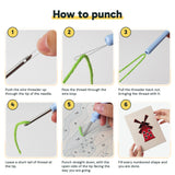 Six steps showing how to thread and use the punch needle