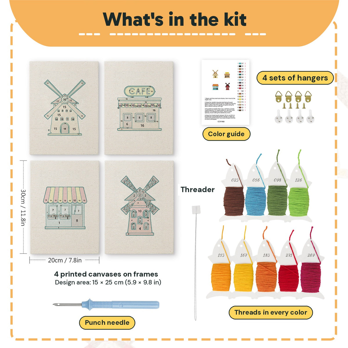 What is in the Windmill Village set, 8 × 12 in (20 × 30 cm) each: 4 printed canvases, punch needle, threader, threads, color guide and 4 sets of hangers