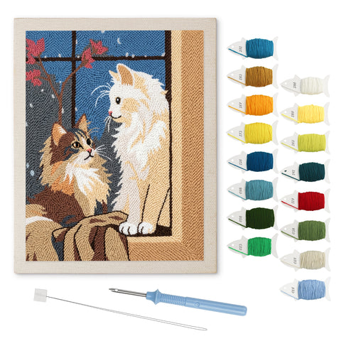 Window Seat Cats punch needle kit: finished canvas with threads, punch needle and threader
