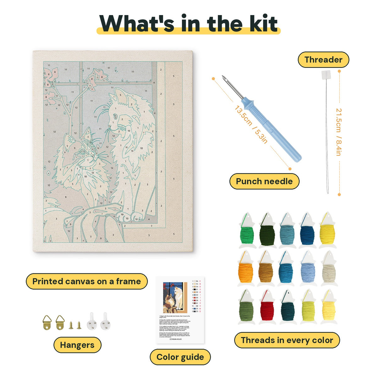 What is in the Window Seat Cats kit: printed canvas, punch needle, threader, threads, color guide and hangers