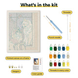 What is in the Window Seat Cats kit: printed canvas, punch needle, threader, threads, color guide and hangers