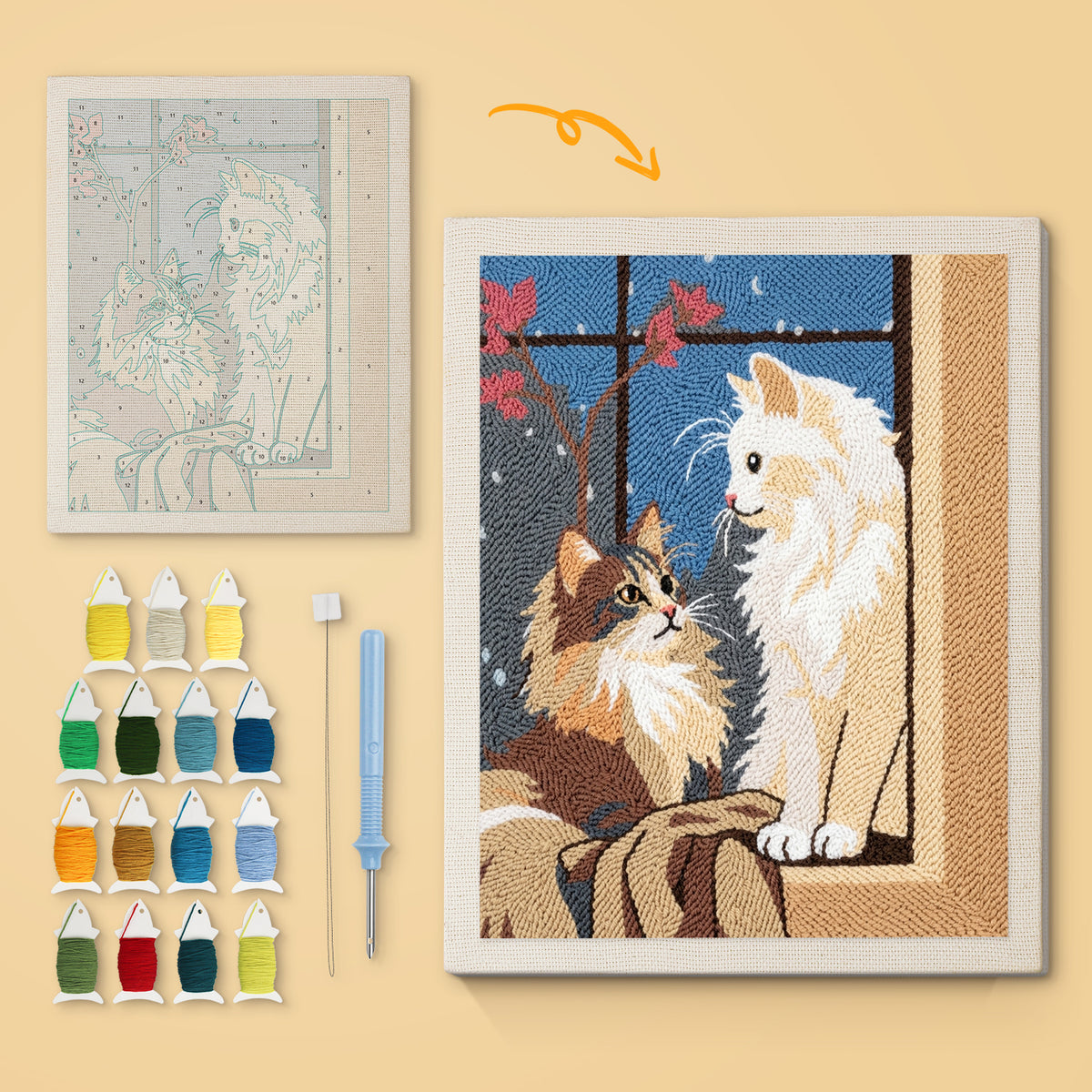 Window Seat Cats canvas before and after punching, with the threads and tools