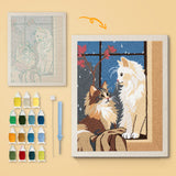 Window Seat Cats canvas before and after punching, with the threads and tools