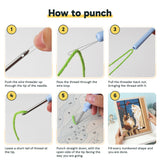 Six steps showing how to thread and use the punch needle
