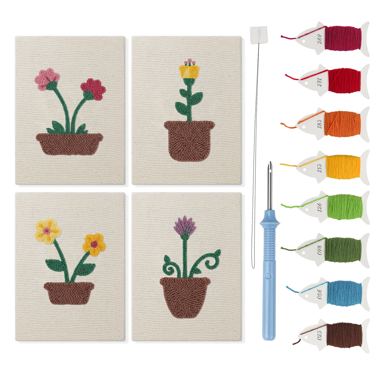 Windowsill Blooms mini punch needle kit set: four finished canvases with threads, punch needle and threader