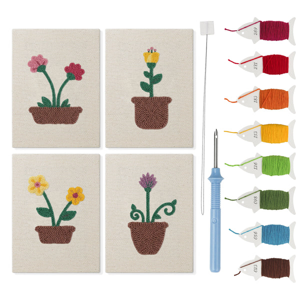 Windowsill Blooms mini punch needle kit set: four finished canvases with threads, punch needle and threader