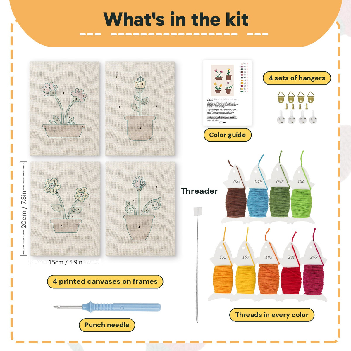 What is in the Windowsill Blooms set: 4 printed canvases, punch needle, threader, threads, color guide and 4 sets of hangers (6 × 8 in (15 × 20 cm) each)